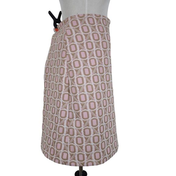 Vintage 60s Mod Knee Skirt Size XL Pink Brown Geometric Poly Jacquard - Picture 3 of 9